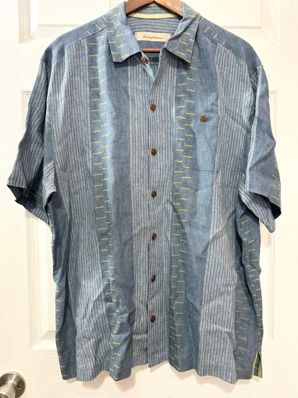 Tommy Bahama Men’s XL Linen Camp Shirt Blue Yellow Stripe Short Sleeve Button